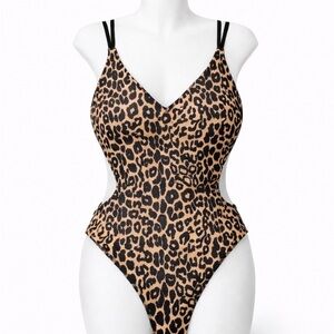 SHEIN Leopard Print Cutout One-Piece Swimsuit - Tan/Black sz M